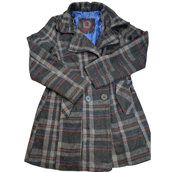 Dollhouse Outerwear Wool Blend Lined Plaid Pea Coat Navy/Gray Juniors Small - Picture 1 of 8